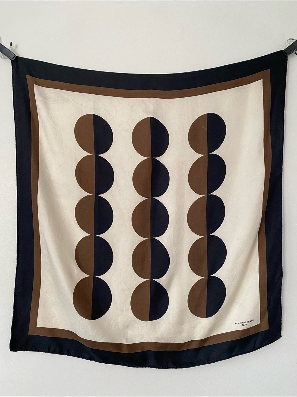 Bianchini Ferier Paris Geometric Print Silk Scarf Black, Brown & Cream 30” x 30”